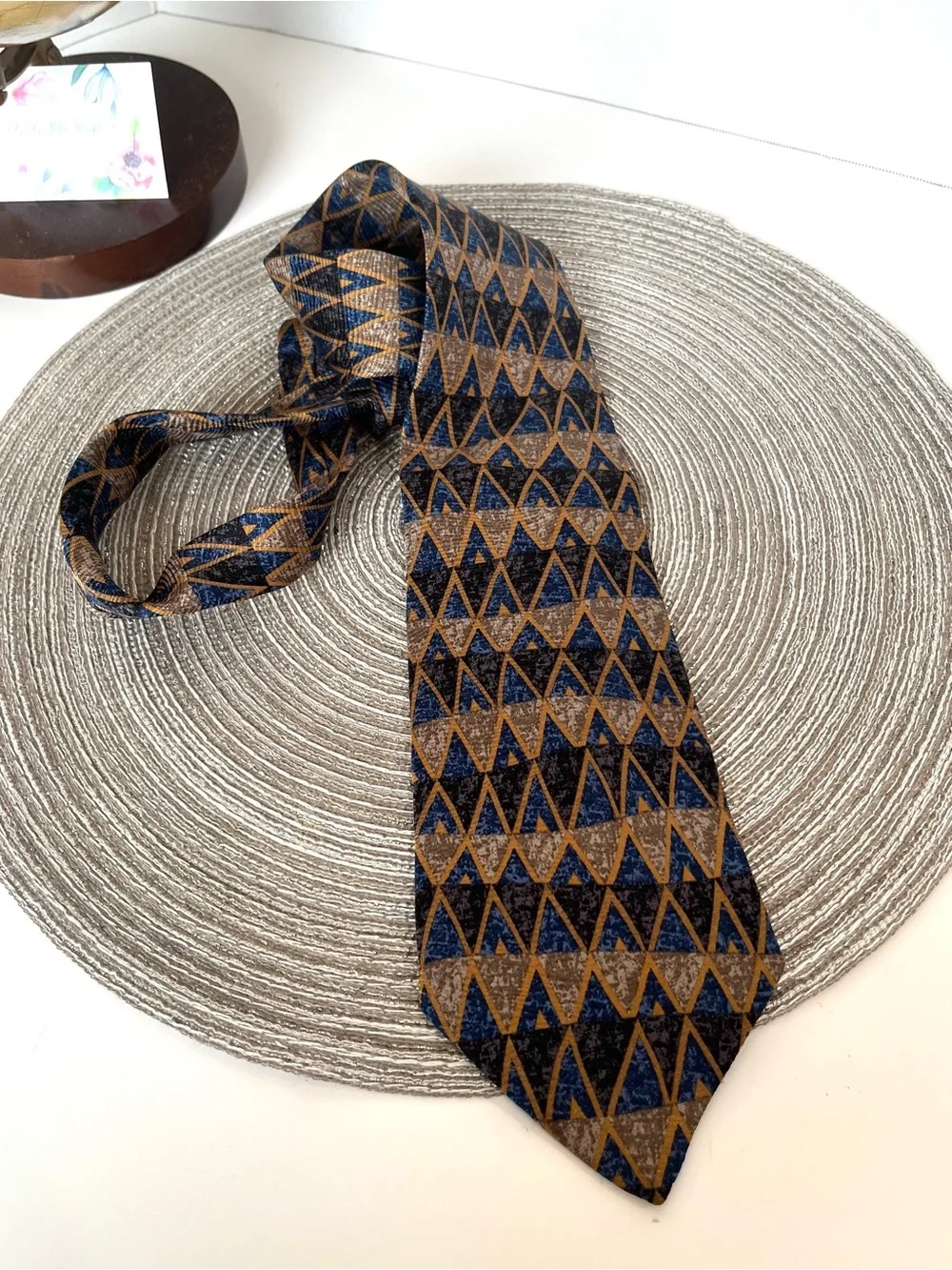 VTG LAMBERTI Silk 100% Necktie Hand Made in Italy Blue Gold Abstract Print